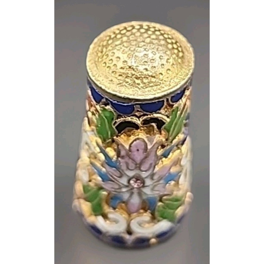 Vintage Floral Cloisonne Sewing Thimble Brass Enamel